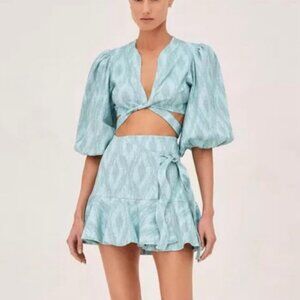 Alexis blue puff sleeve skirt set with ties